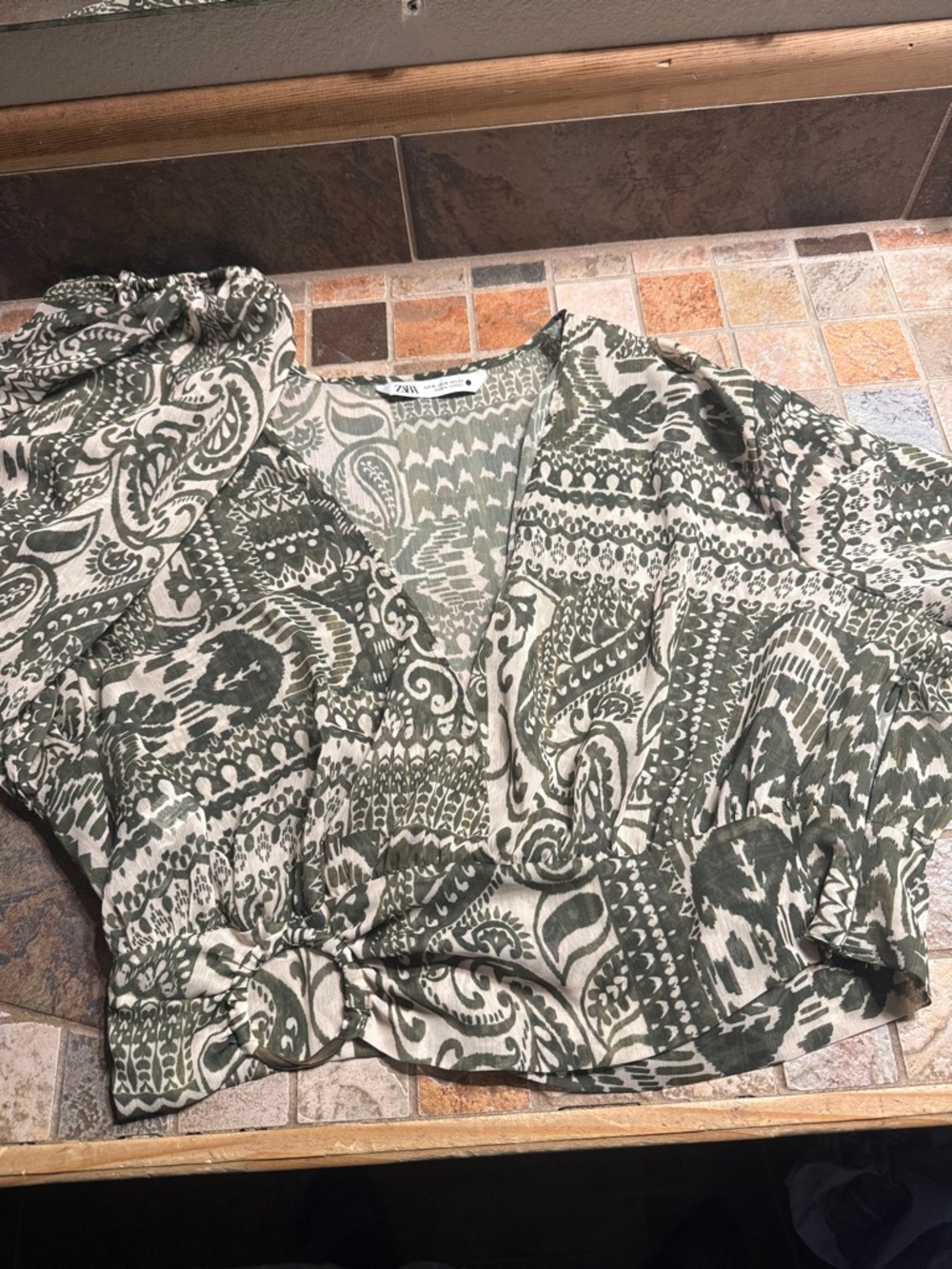Zara Olive Green & Cream Printed Crop Top